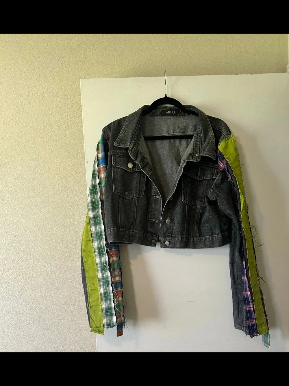 AKIRA Patchwork Plaid Cropped Denim Jacket Grunge Streetwear XL